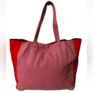 Loeffler Randall Genuine Leather Pink & Neon Orange Colorblock Medium Tote Bag